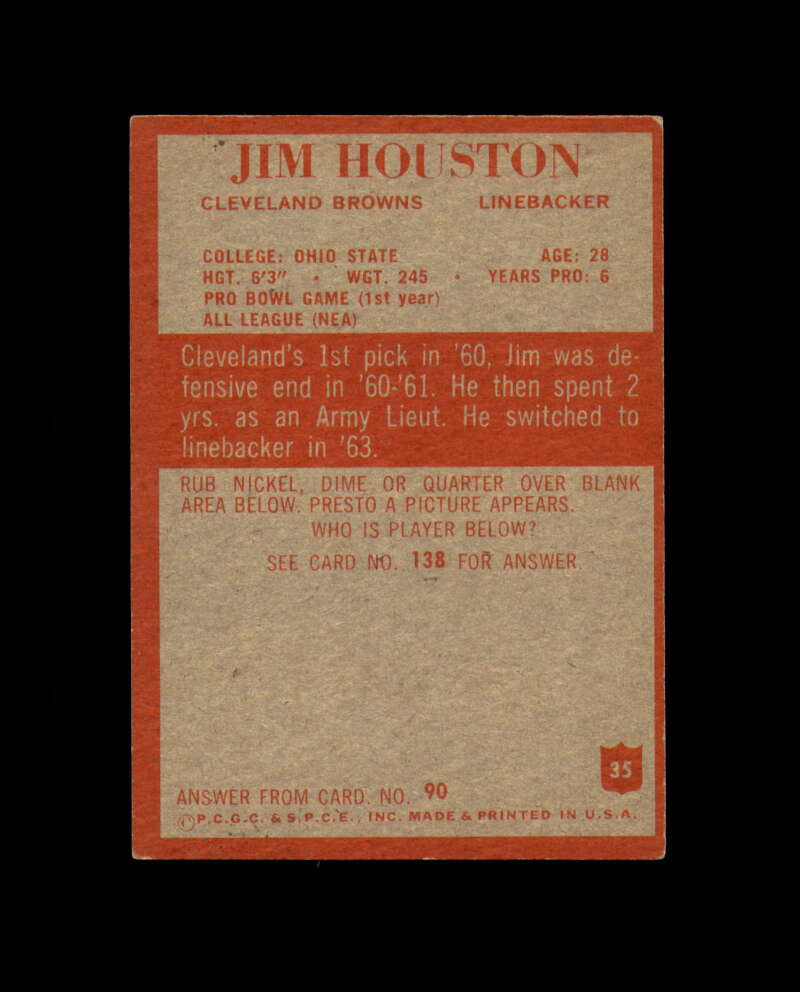 Jim Houston Signed Original 1965 Philadelphia Cleveland Browns Autograph