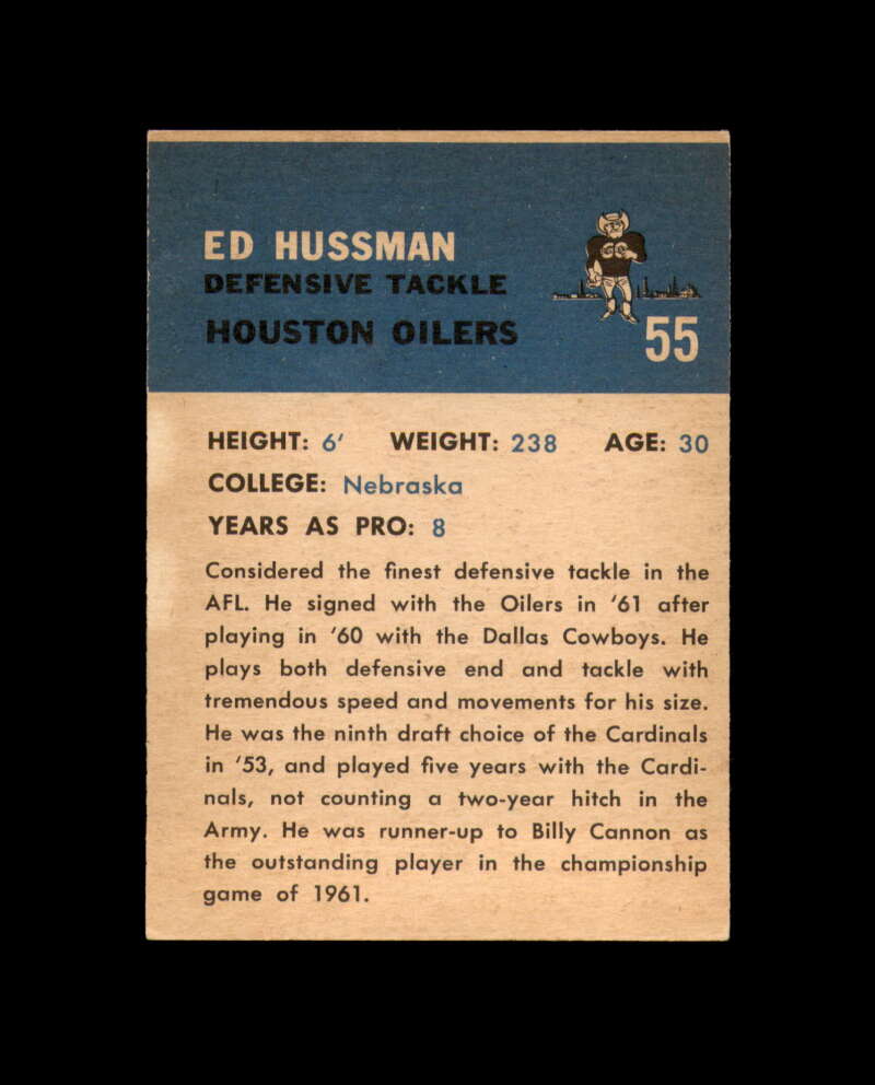 Ed Hussman Signed Original 1962 Fleer Houston Oilers Autograph