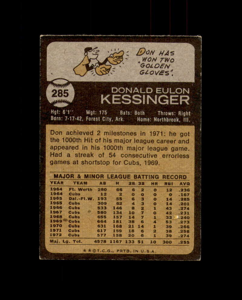 Don Kessinger Signed Original 1973 Topps Chicago Cubs Autograph