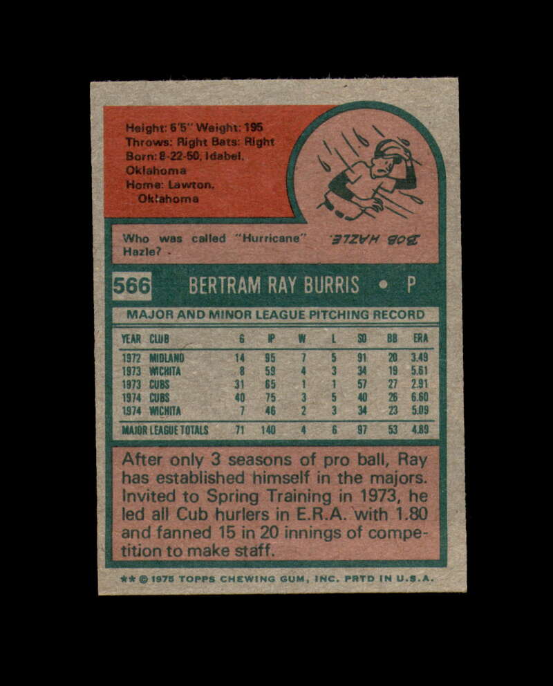 Ray Burris Signed Original 1975 Topps Chicago Cubs Autograph