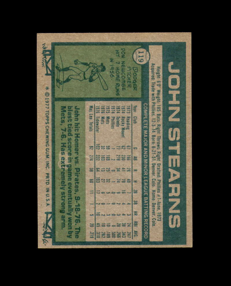 John Stearns Signed Original 1977 Topps New York Mets Autograph