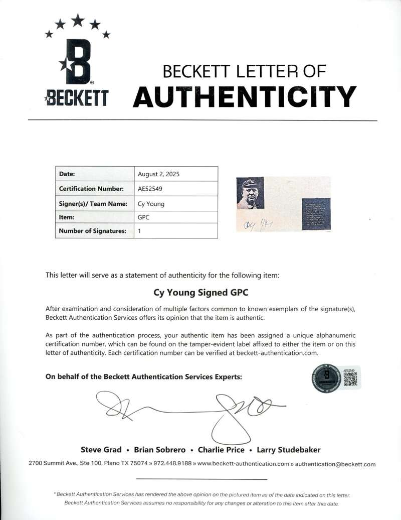 Cy Young Beckett BAS Loa Signed 3x5 Index Card Autograph