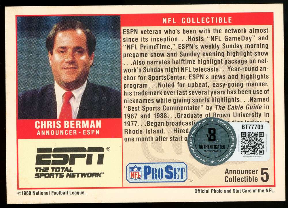 Chris Berman Beckett BAS Signed 1989 Pro Set Autograph