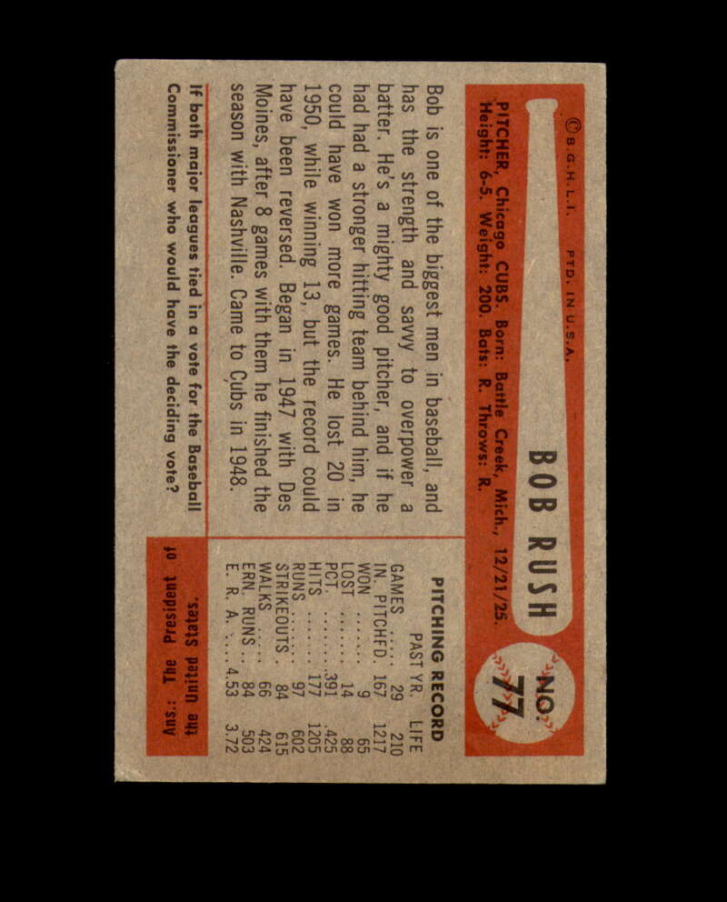 Bob Rush Signed Original 1954 Bowman Chicago Cubs Autographed