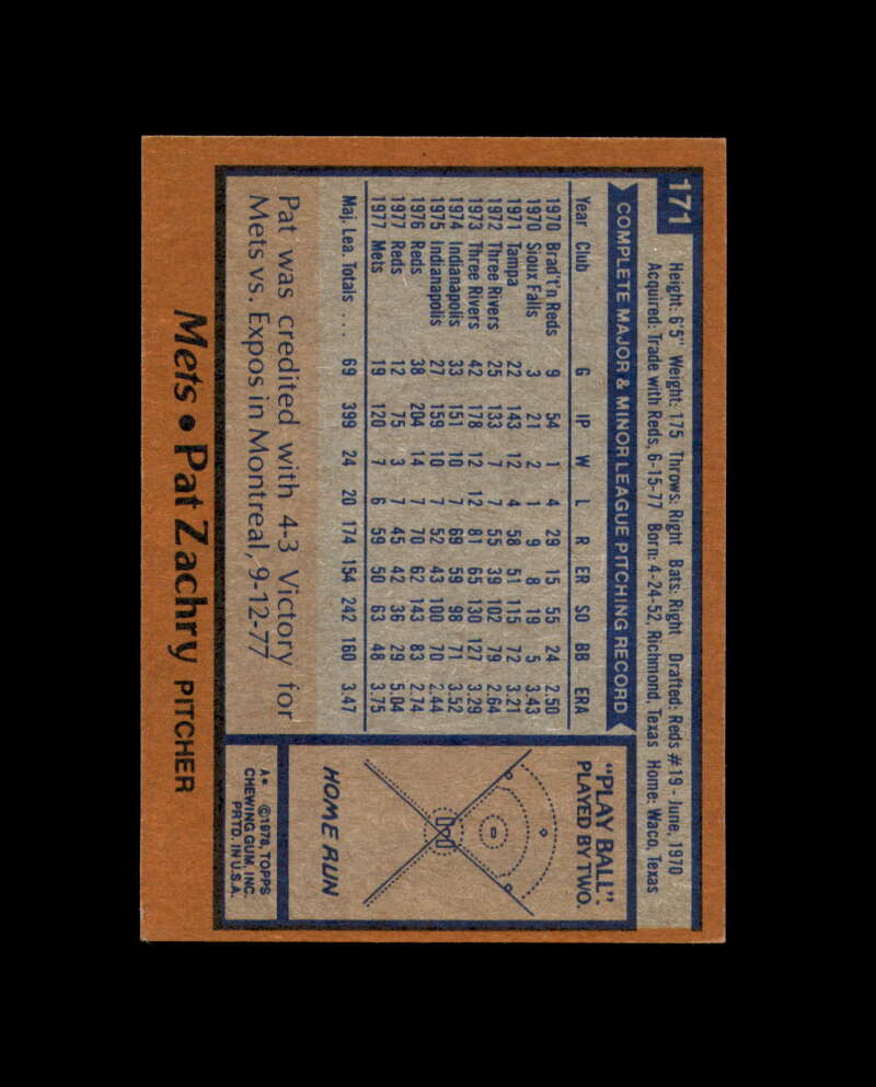 Pat Zachry Signed 1978 Topps New York Mets Autograph