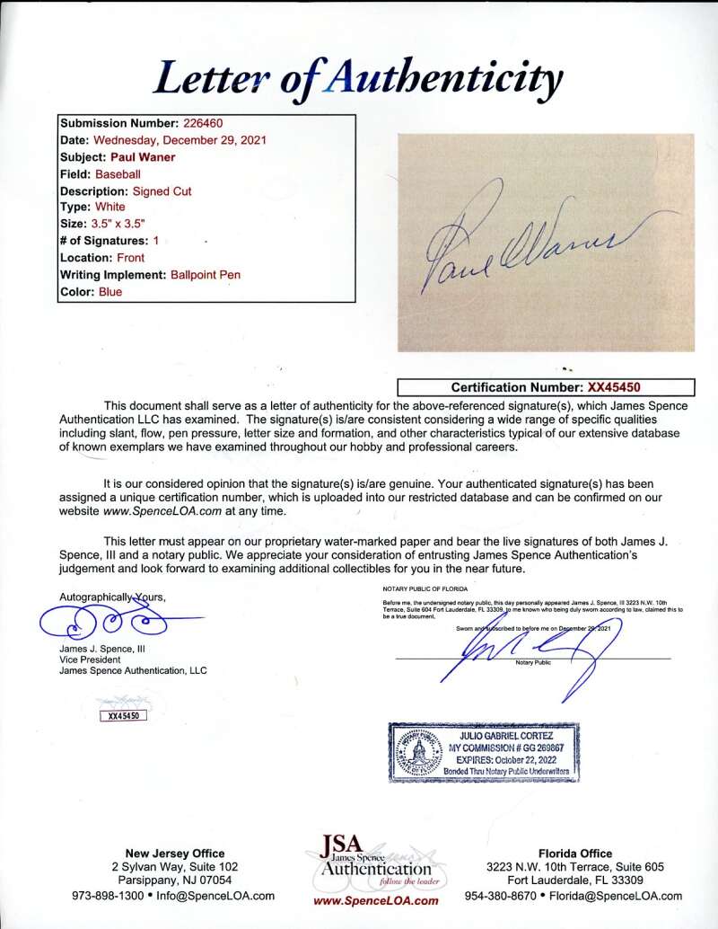 Paul Waner JSA Loa Signed Album Page Cut Autograph