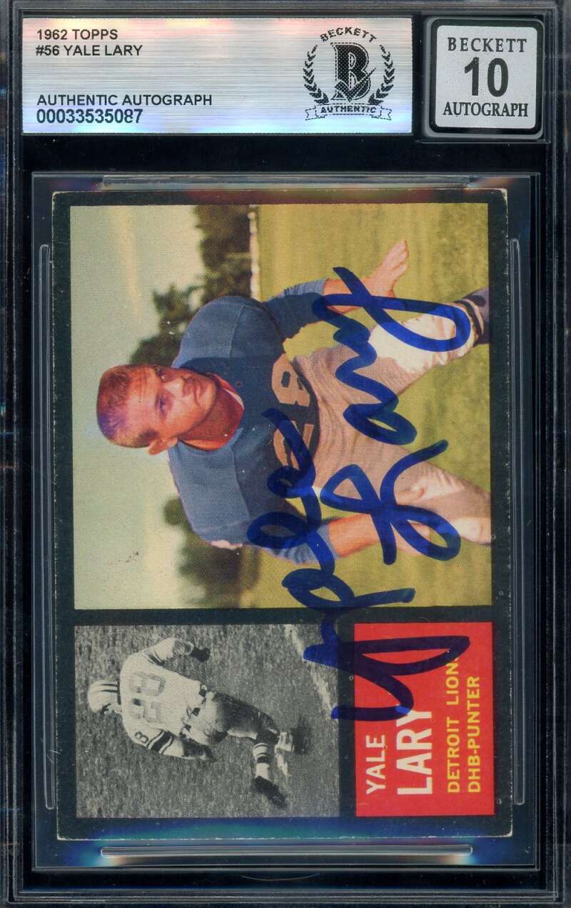 Yale Lary Gem Mint 10 Beckett BAS Signed 1962 Topps Autograph