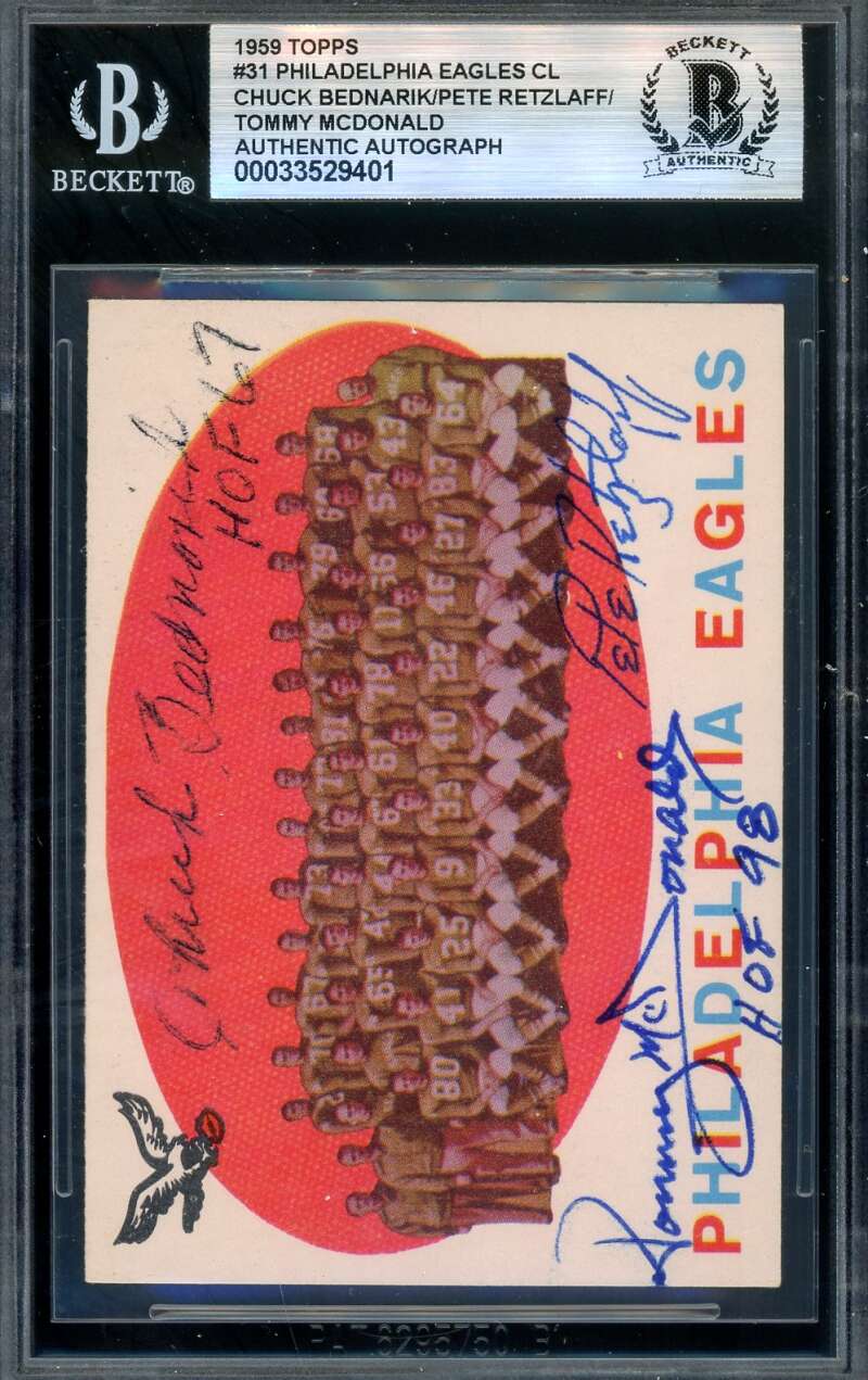 Bednarik Retzlaff McDonald Beckett BAS Signed 1959 Topps Eagles Team Autograph