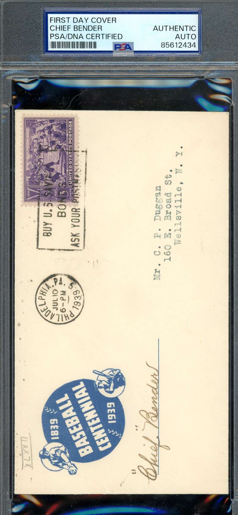 Chief Bender PSA DNA Signed 1939 First Day Cover Cache FDC Autograph