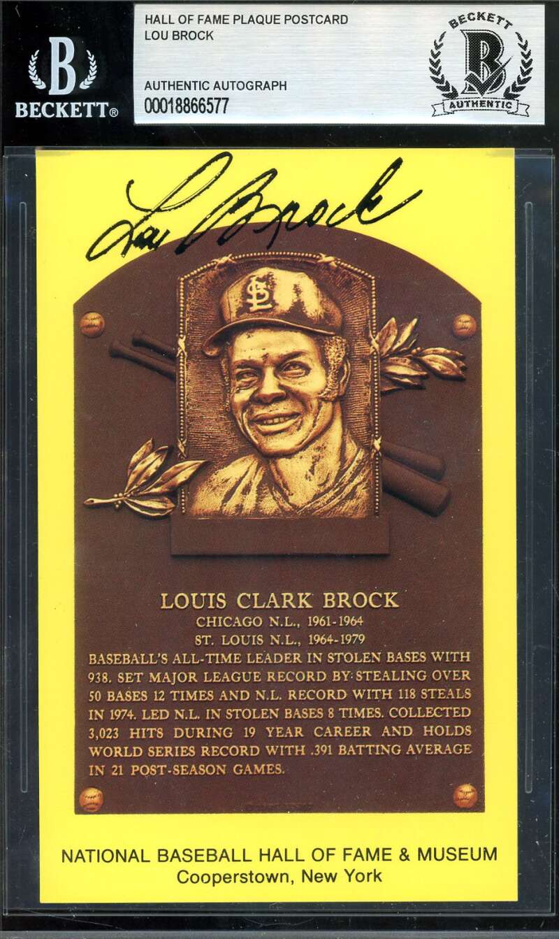 Lou Brock Beckett BAS Signed Gold Hall of Fame Plaque Postcard Autograph