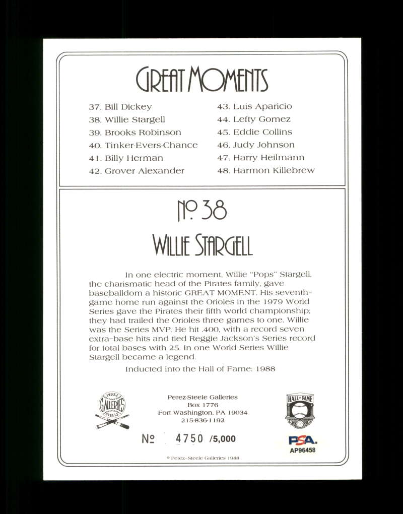 Willie Stargell PSA DNA Signed Perez Steele Great Moments Postcard Autograph