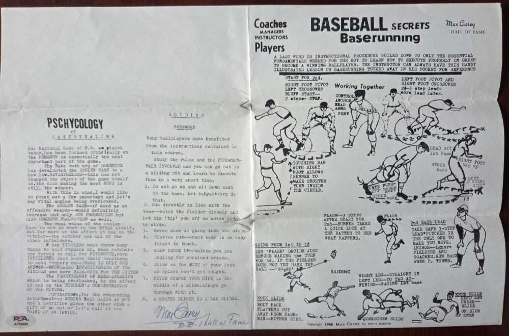 Max Carey PSA DNA Signed Baseball Secrets Pamphlet Autograph