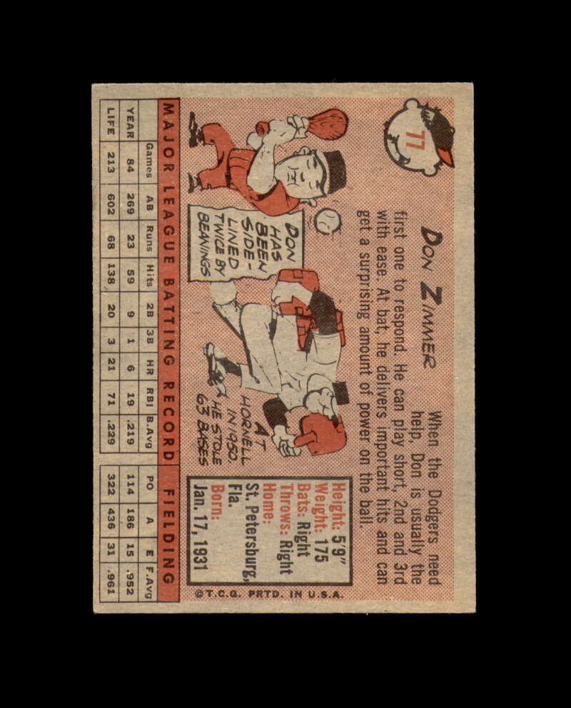 Don Zimmer Signed Authentic 1958 Topps Los Angeles Dodgers Autograph
