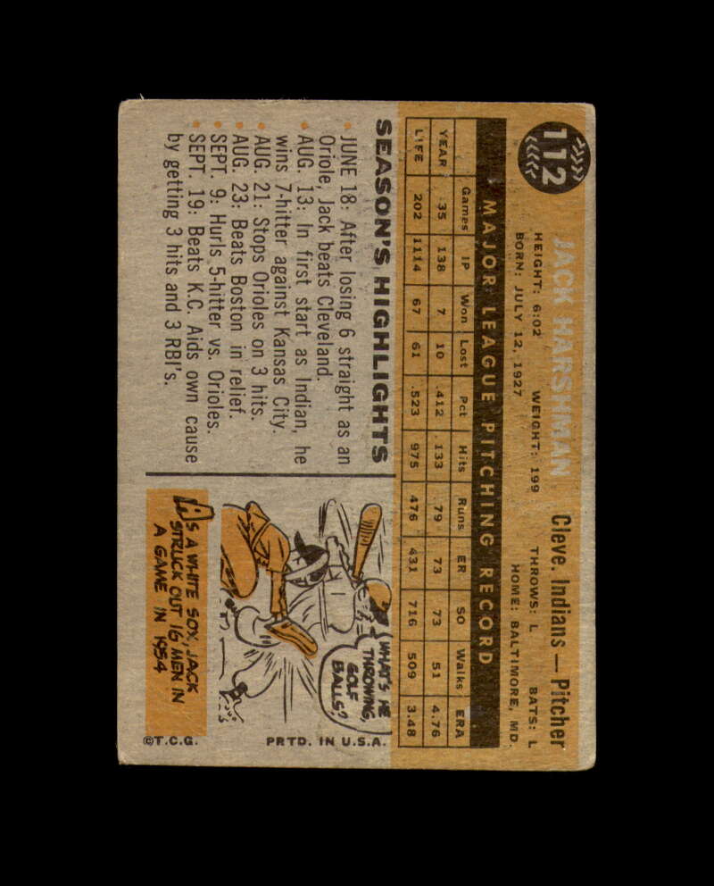 Jack Harshman Signed Authentic 1960 Topps Cleveland Autograph