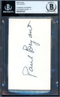 Paul Bear Bryant Gem Mint 10 Beckett BAS Signed 3x5 Index Card Autograph