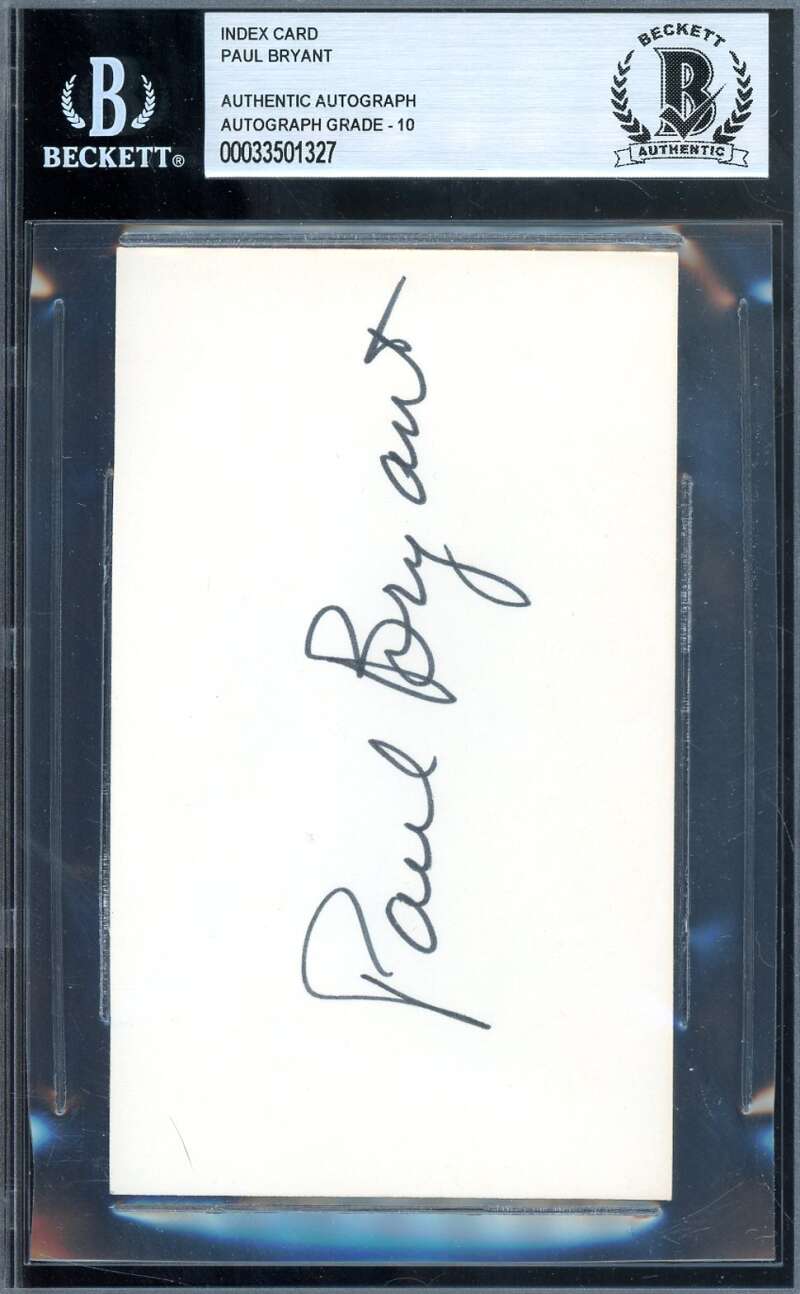 Paul Bear Bryant Gem Mint 10 Beckett BAS Signed 3x5 Index Card Autograph
