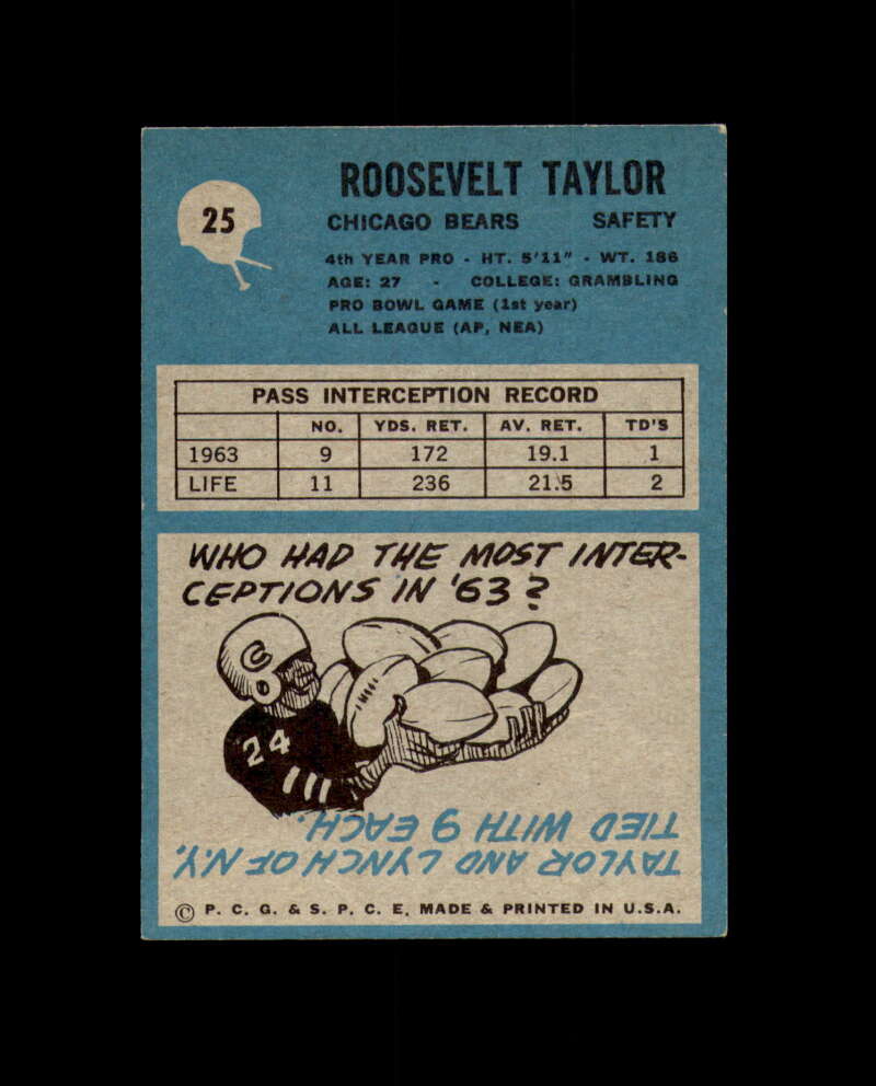 Roosevelt Taylor Signed 1965 Philadelphia Chicago Bears Autograph
