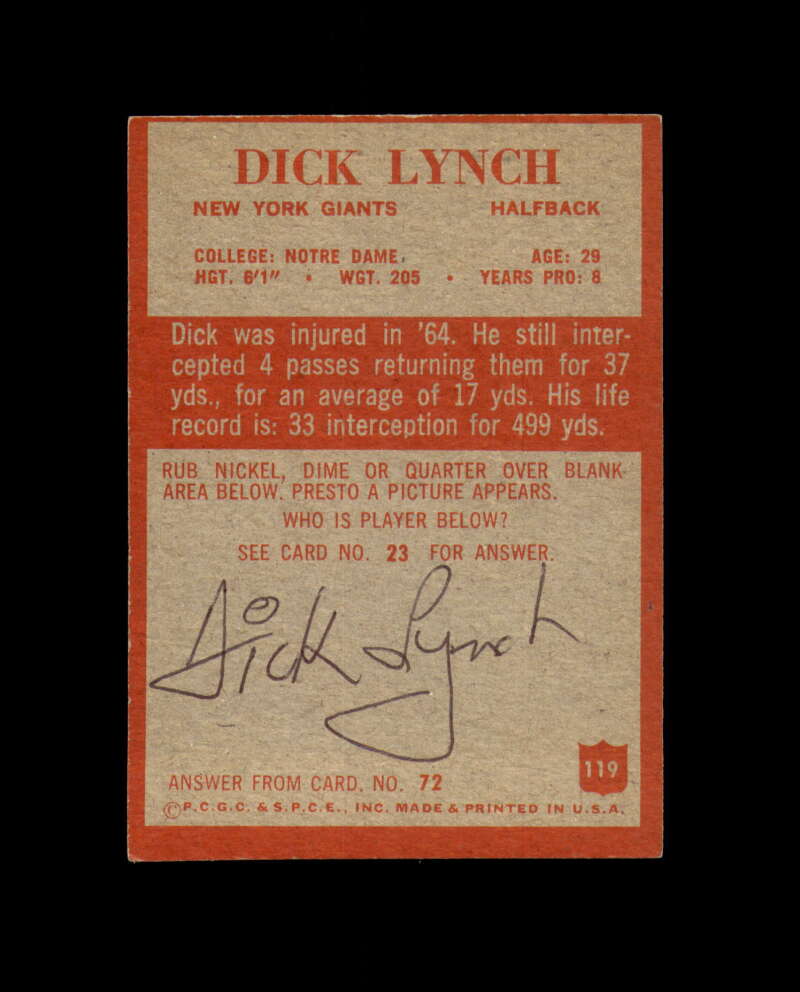 Dick Lynch Signed 1964 Philadelphia New York Giants Autograph