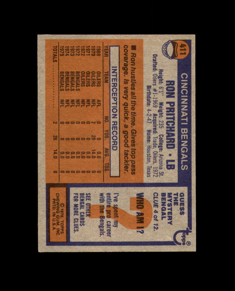 Ron Pritchard Signed Original 1976 Topps Cincinnati Bengals Autographed