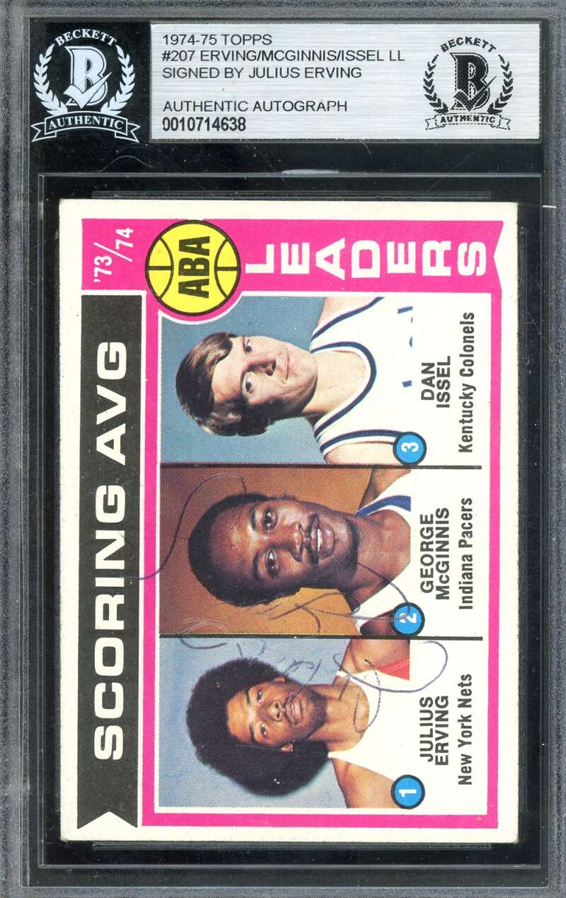 Julius Erving Beckett BAS Vintage Signed 1974-75 Topps 1973-74 Leaders Autograph