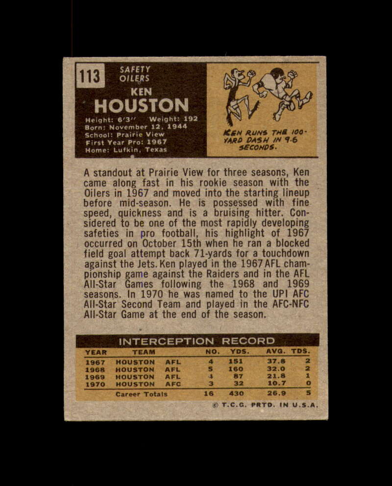 Ken Houston Signed 1971 Topps Rookie Houston Oilers Autograph
