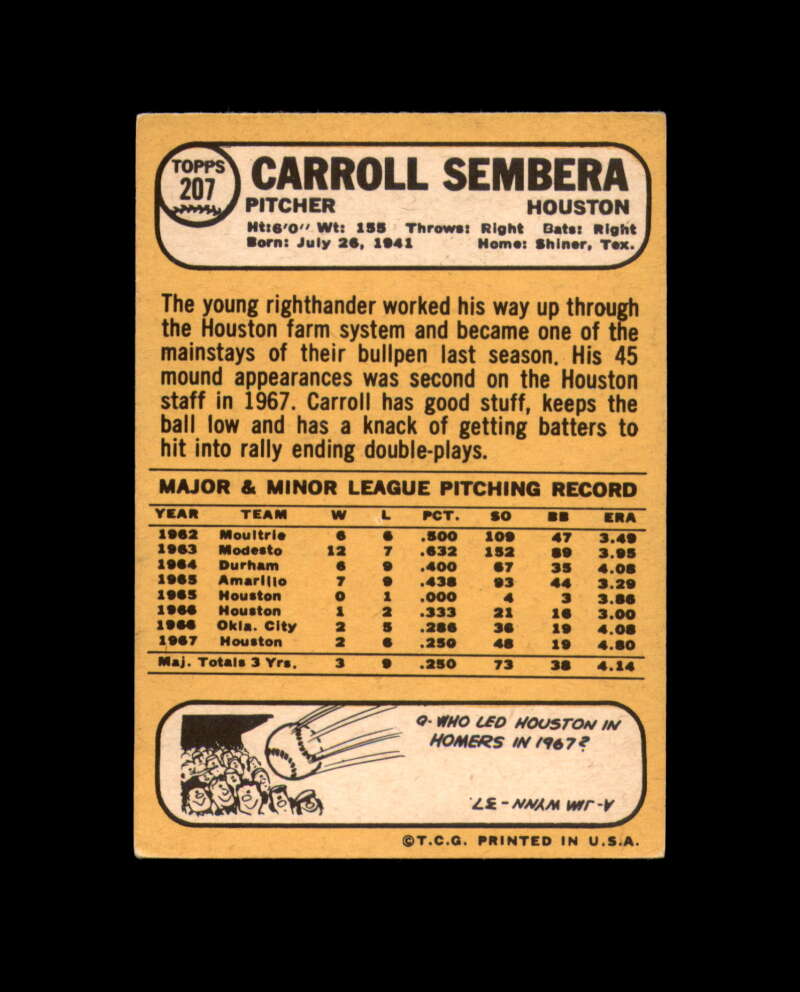 Carroll Sembera Signed Original 1968 Topps Houston Astros Autograph