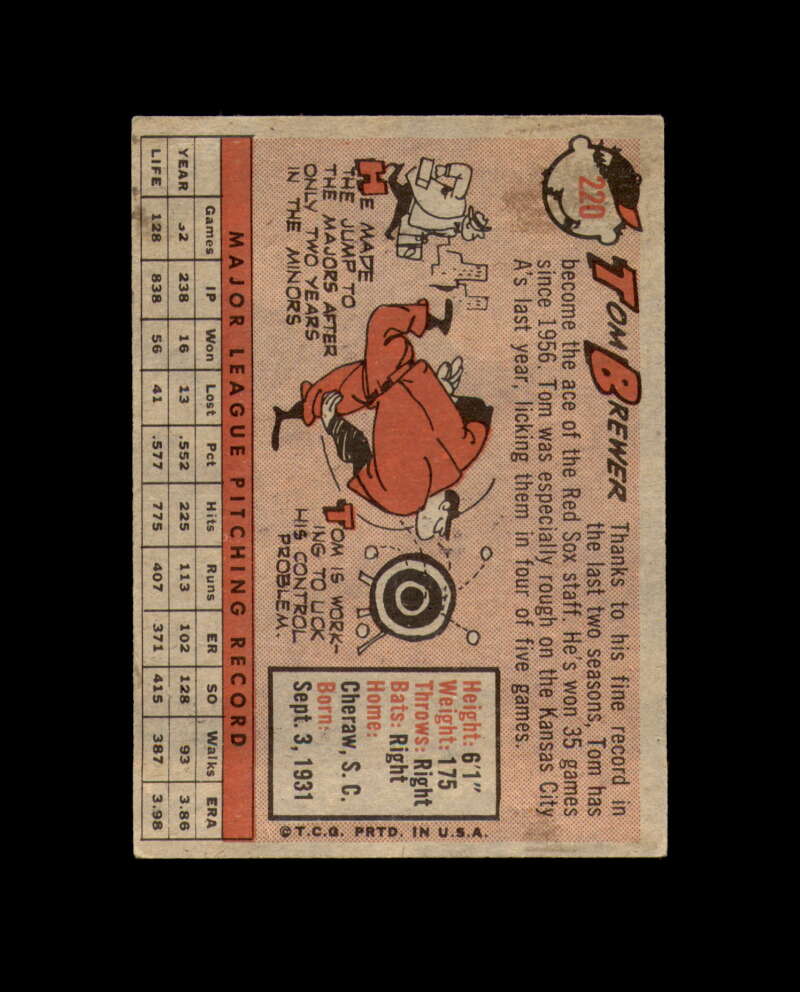 Tom Brewer Signed Original 1958 Topps Boston Red Sox Autograph