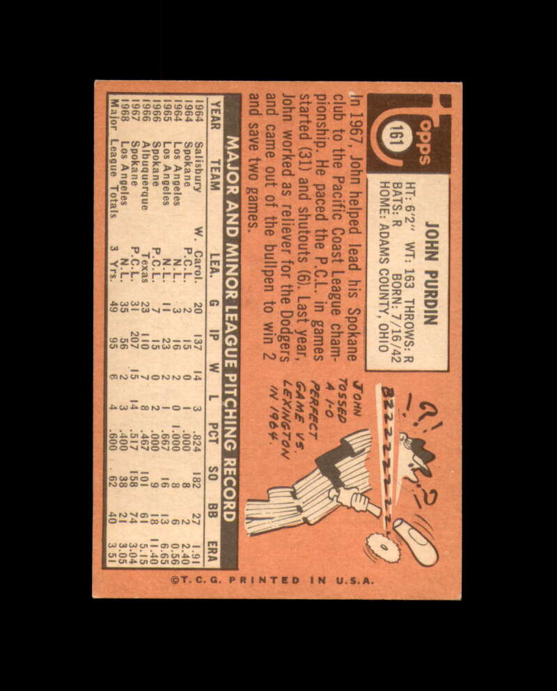 John Purdin Signed Authentic 1969 Topps Los Angeles Dodgers Autograph