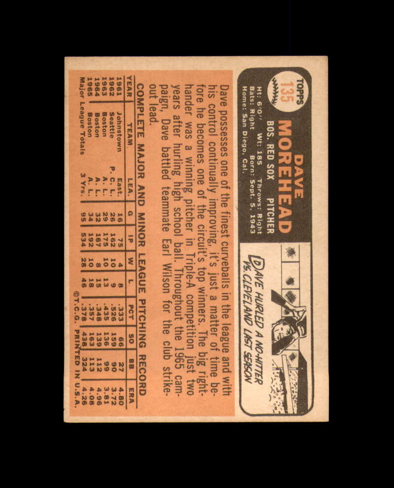 Dave Morehead Signed Authentic 1966 Topps Boston Red Sox Autograph