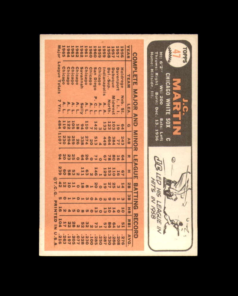 J.C. Martin Signed Authentic 1966 Topps Chicago White Sox Autograph