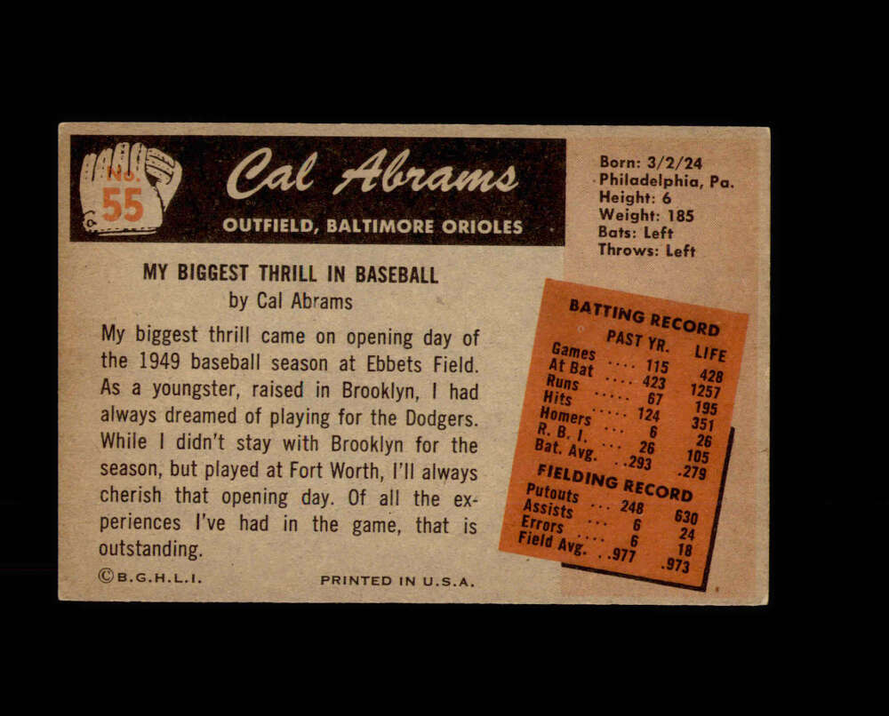 Cal Abrams Signed Original 1955 Bowman Baltimore Orioles Autographed