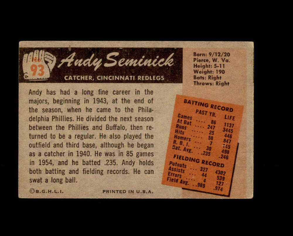 Andy Seminick Signed Original 1955 Bowman Cincinnati Reds Autograph