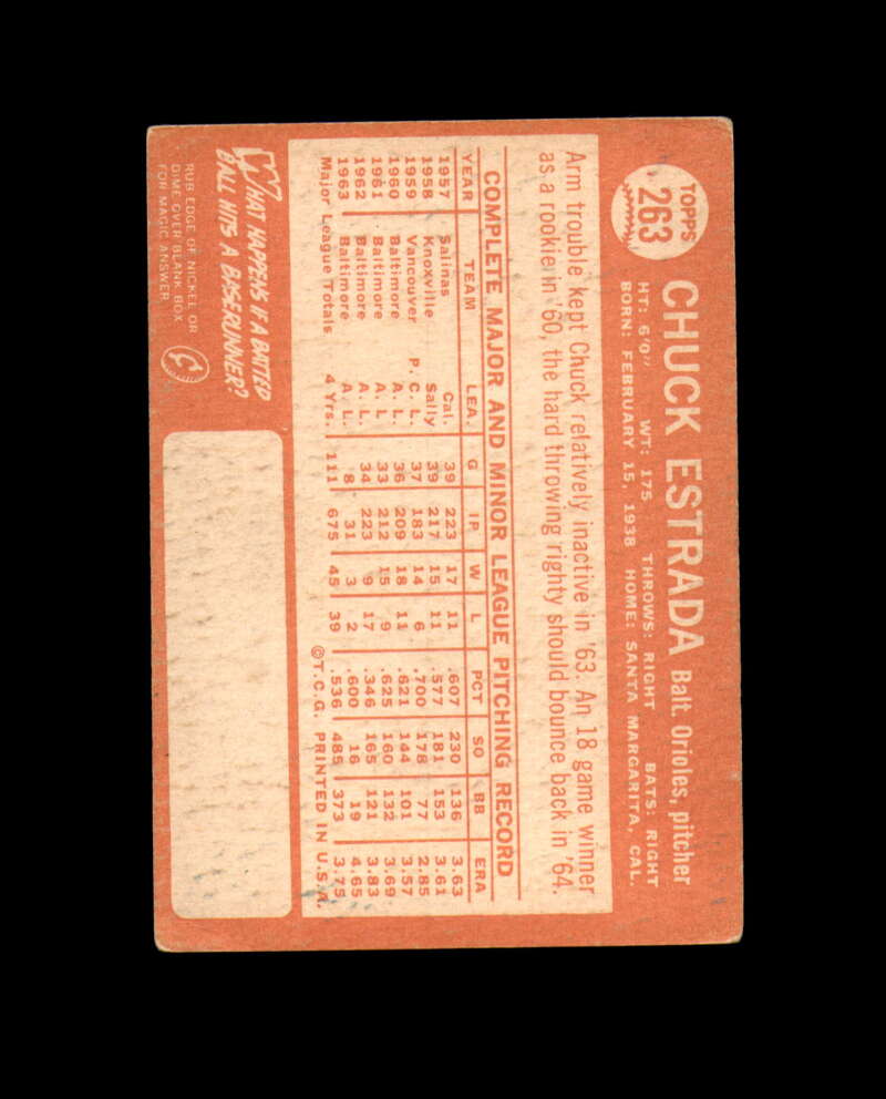 Chuck Estrada Signed Authentic 1964 Topps Baltimore Orioles Autograph