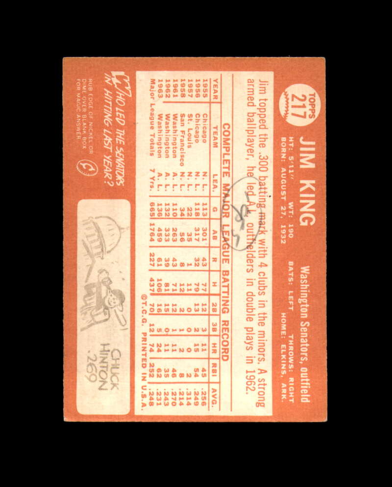 Jim King Signed 1964 Topps Washington Senators Autograph