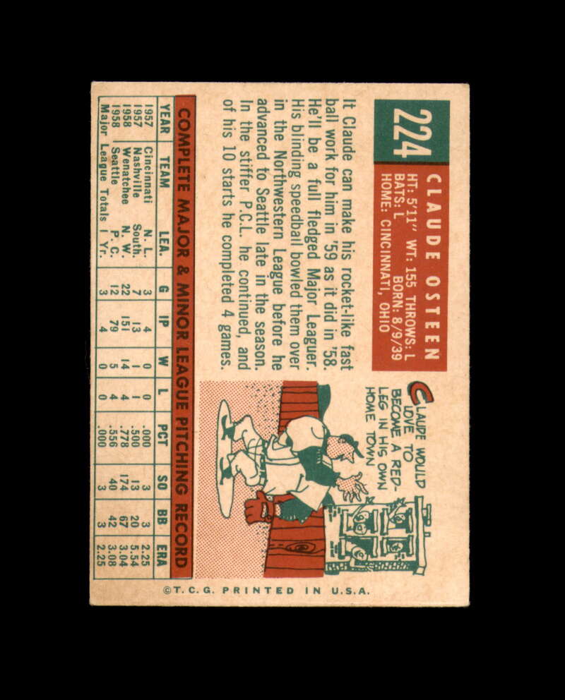Claude Osteen Signed Authentic 1959 Topps Cincinnati Reds Autograph