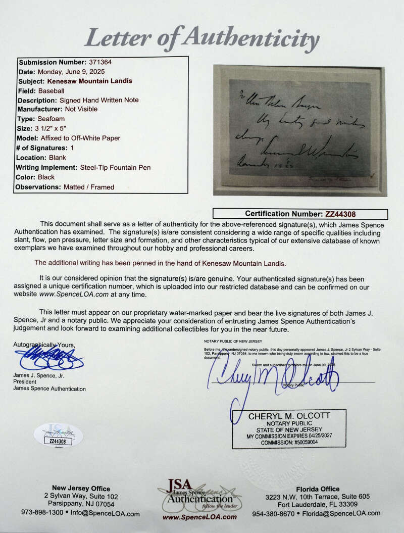 Kenesaw Mountain Landis JSA Loa Signed Album Page w/ Perez Steele Framed to 9x15 Autograph