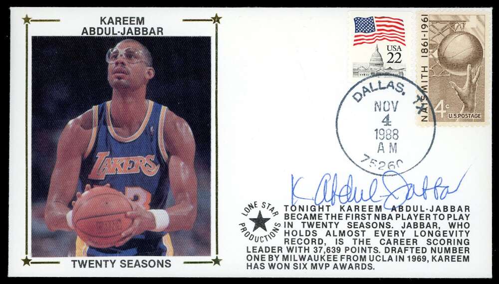Kareem Abdul-Jabbar JSA Loa Signed 1988 First Day Cover Cache FDC Autograph