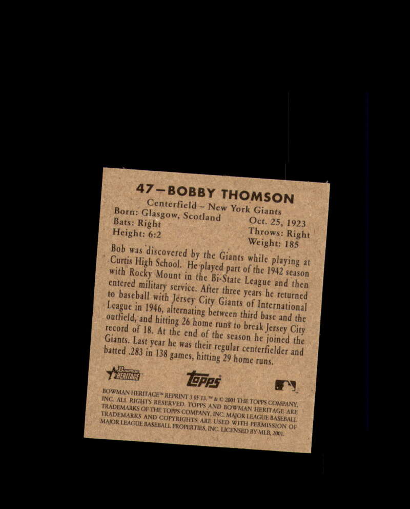 Bobby Thomson Signed 2001 Bowman Heritage 1948 Rookie New York Giants Autograph