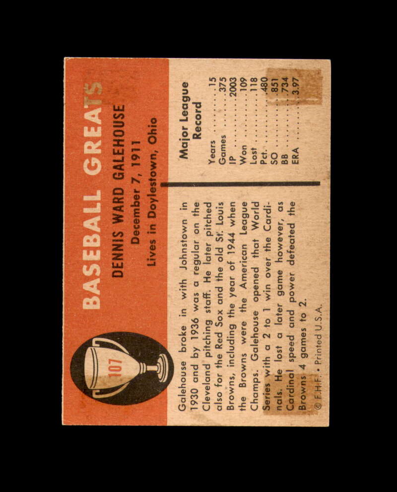 Dennis Galehouse Signed 1961 Fleer St. Louis Browns Autograph