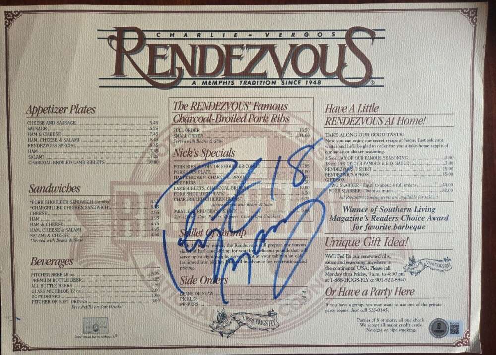 Peyton Manning Beckett BAS Signed Rendezvous Restaurant Menu Autograph