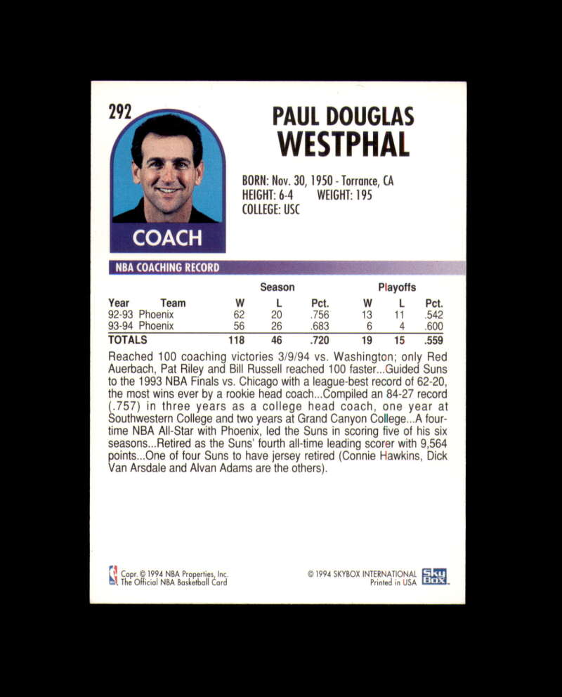 Paul Westphal Signed 1994 NBA Hoops Phoenix Suns Autograph