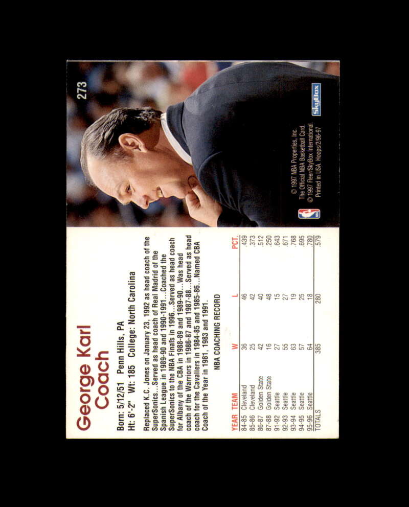 George Karl Signed 1997 NBA Hoops Seattle Supersonics Autograph