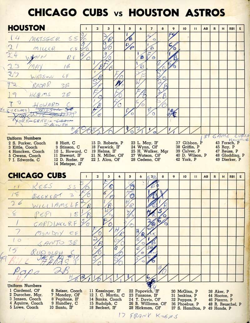 Kolloway Nye Hale Popovich 1972 Cubs vs Astros Game Program Signed by 13