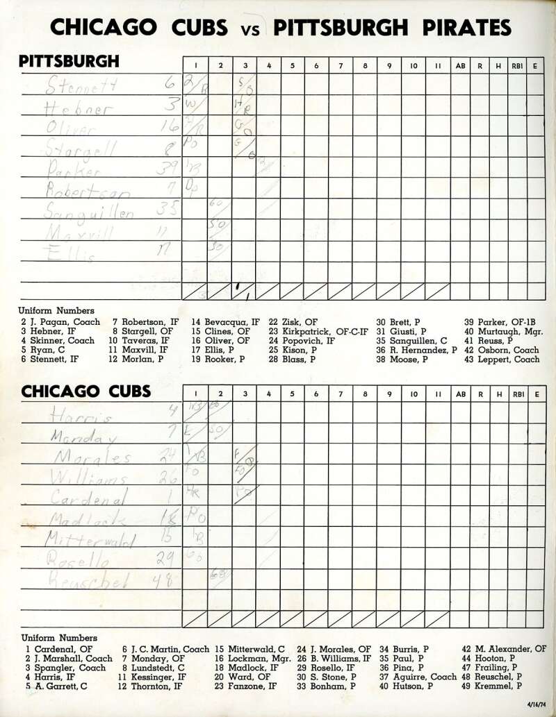 Carmen Fanzone 1974 Cubs vs Pirates Game Program Signed