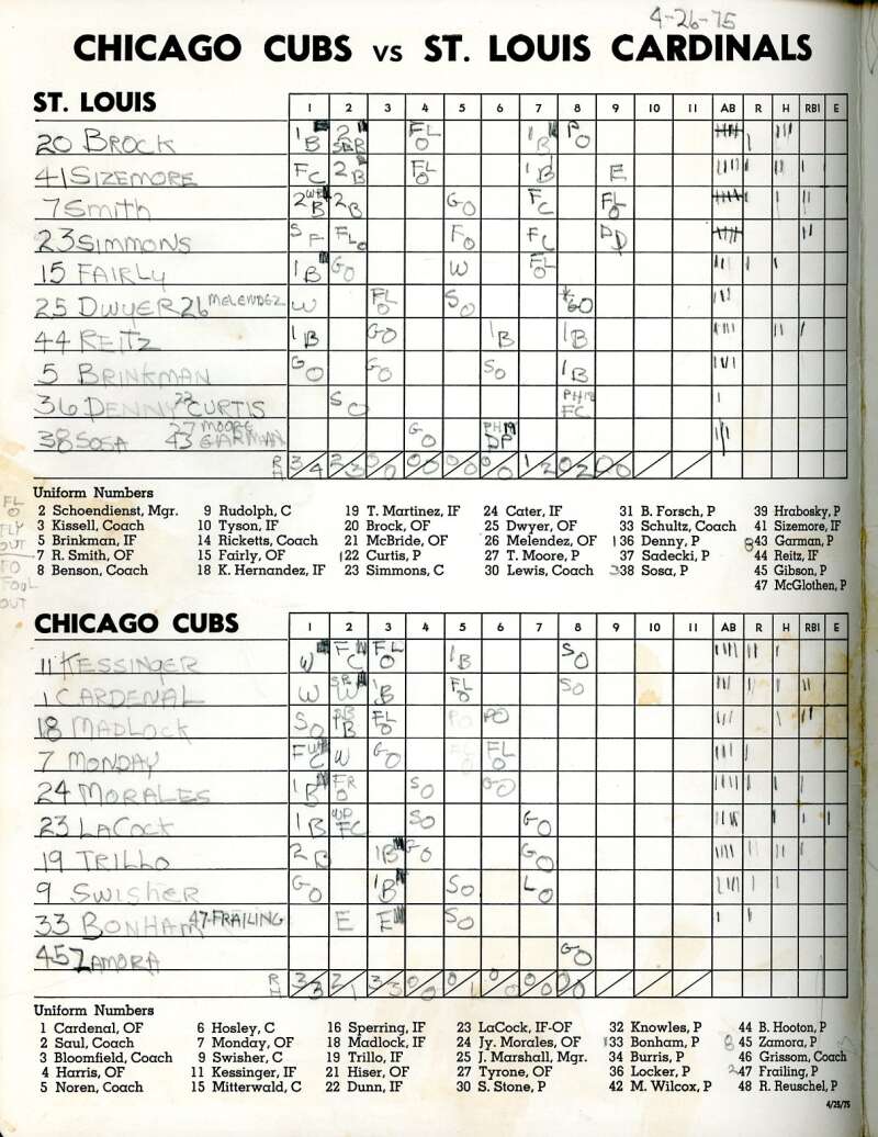 Frailing Locker LaCock 1975 Cubs vs Cardinals Game Program Signed by 3