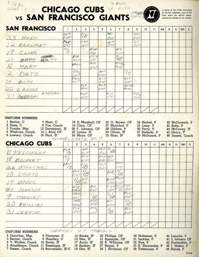 Fergie Jenkins 1968 Cubs vs Giants Game Program Signed