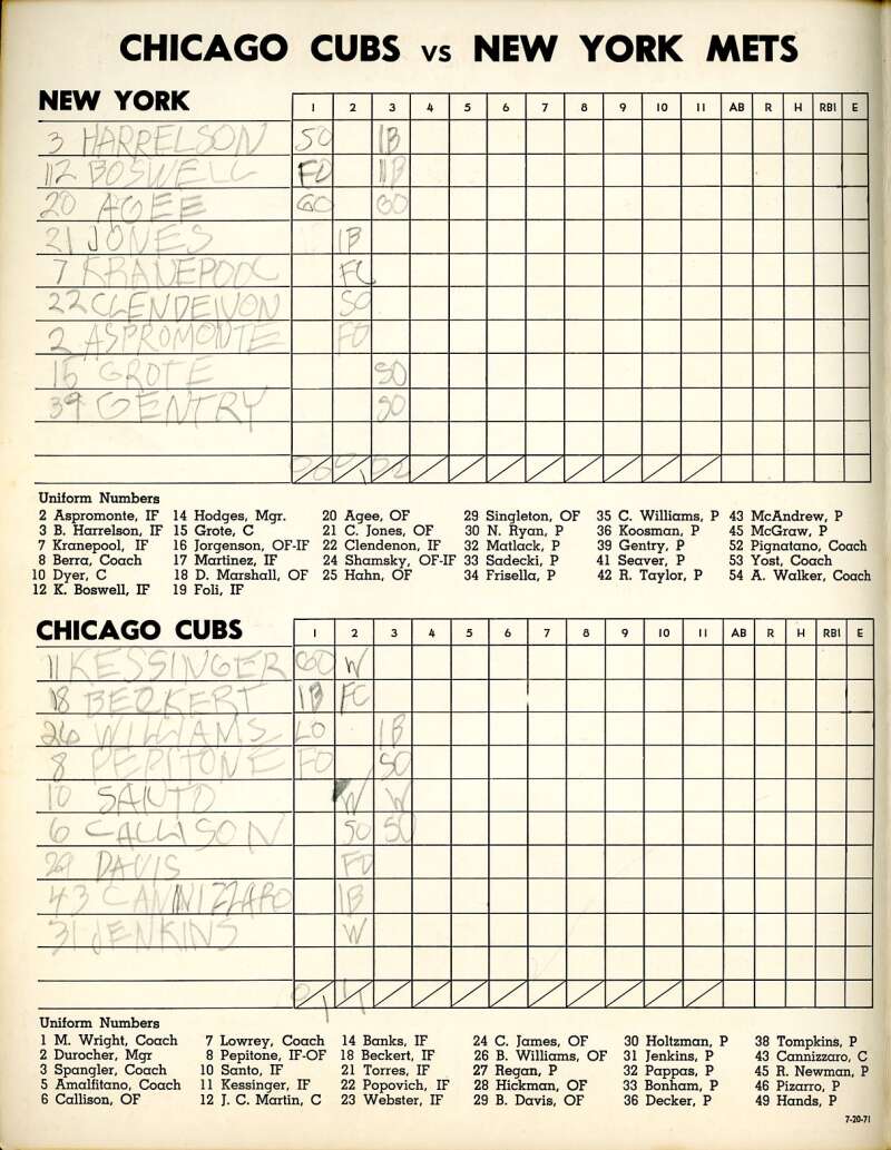 Ralph Kiner 1971 Cubs vs Mets Game Program Signed by 2