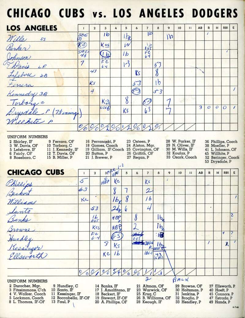 Williams Jenkins Hundley Kessinger 1966 Cubs vs Dodgers Game Program Signed by 13