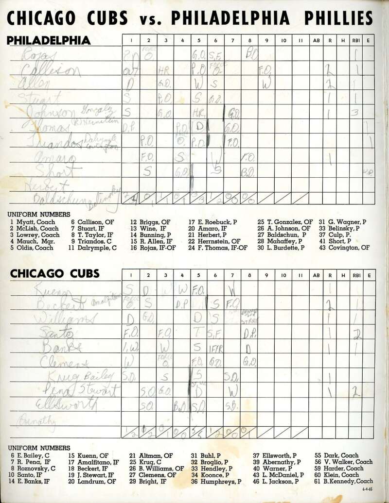 Ron Santo 1965 Cubs vs Phillies Game Program Signed by 2