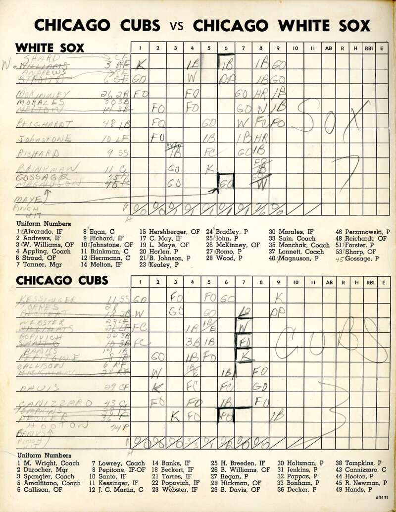 Gossage Sain Alvarado Sharp 1971 Cubs vs White Sox Game Program Signed by 7